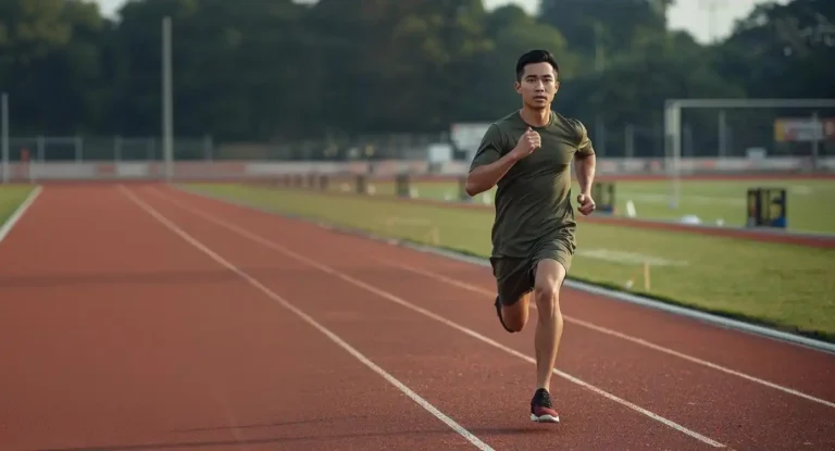 mid age man in t-shirt and short is running on track for training purpose