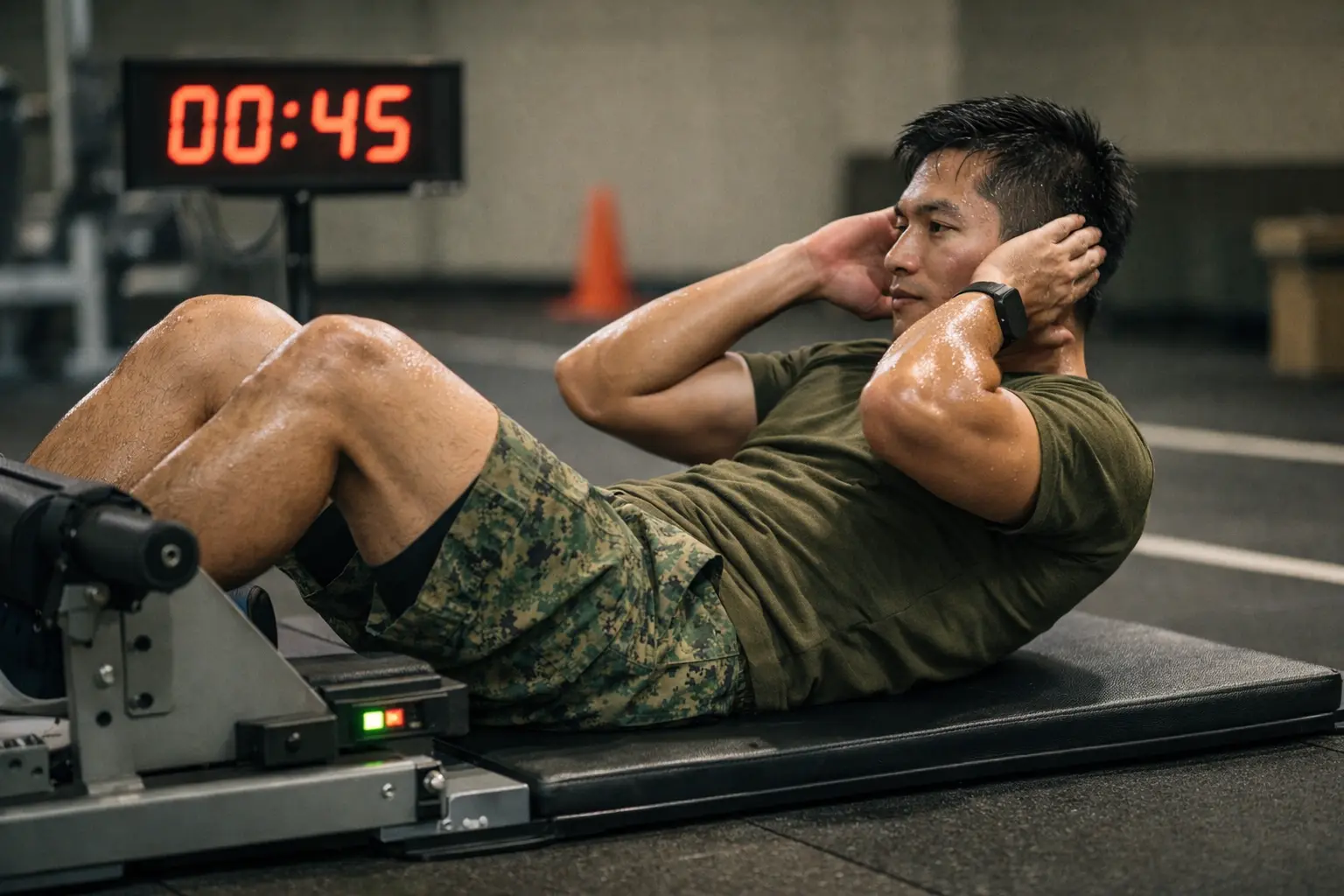 A Singaporean male NSman (mid-20s to early-30s, Asian, athletic but not bodybuilder) performing sit-ups on an official ELISS sit-up testing machine.