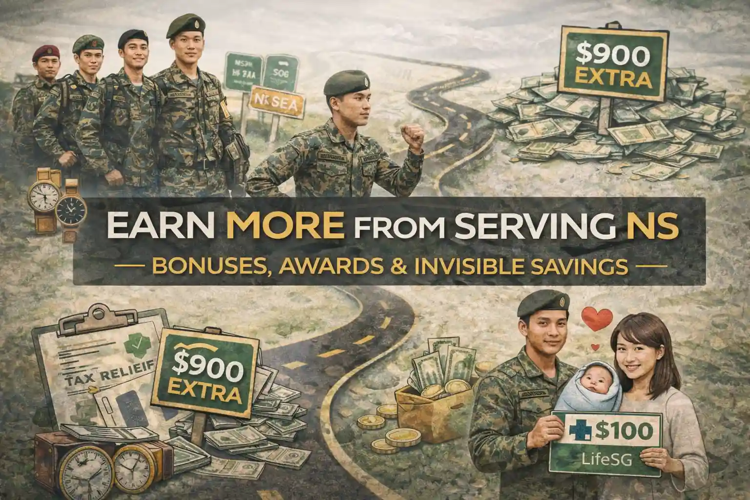 Singapore NSmen earning bonuses, awards, and savings through National Service, showing reservists, financial incentives, tax relief, and LifeSG credits for NS performance