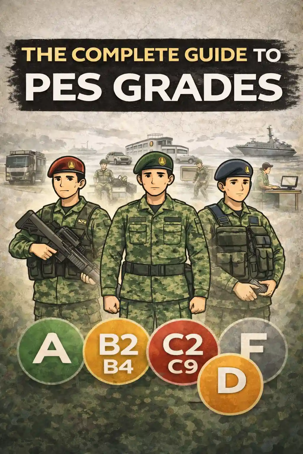 Complete guide to PES grades in Singapore National Service, showing PES A, B1, B2, B4, C2, C9, D, and F with different military roles and fitness classifications