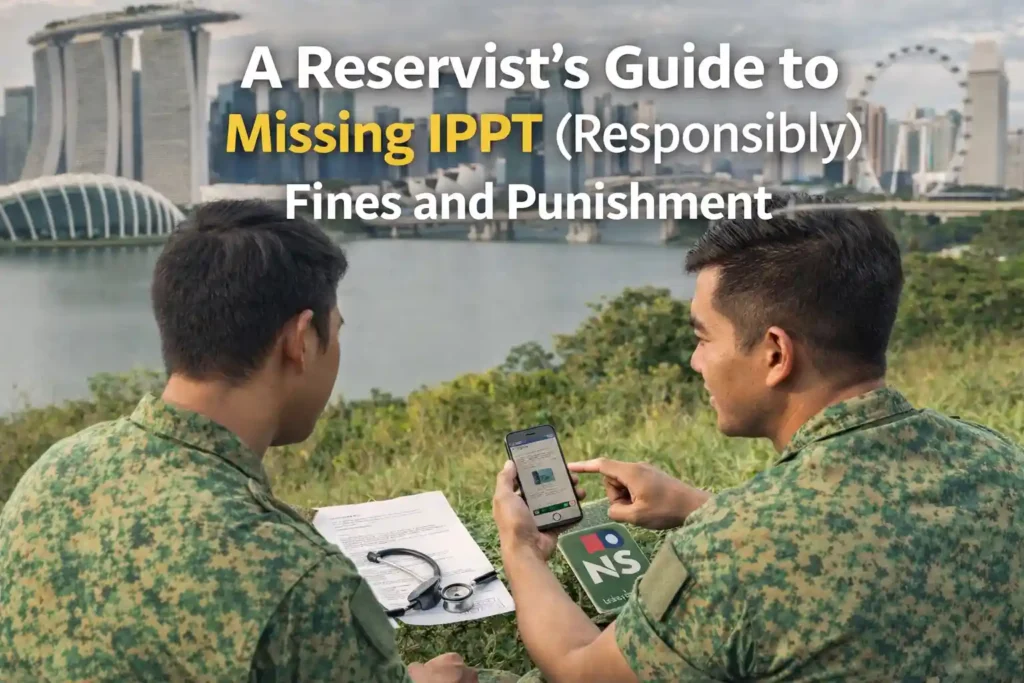 Reservist guide to missing IPPT responsibly in Singapore, showing NSmen reviewing IPPT requirements, penalties, fines, and proper procedures for National Service fitness tests